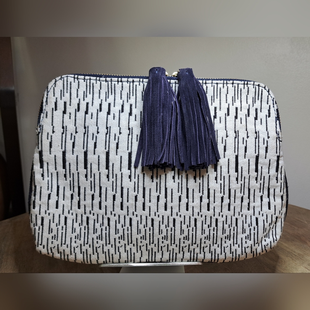 Elegant Navy and White Cosmetic Bag with Tassels